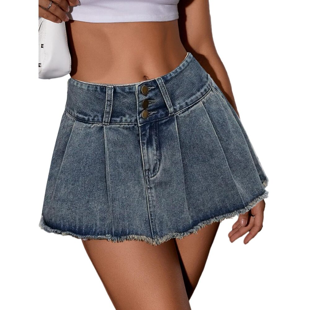 4246 Pleated Jean Skirts Flared High Waisted A Line Button Mini Denim Skirt